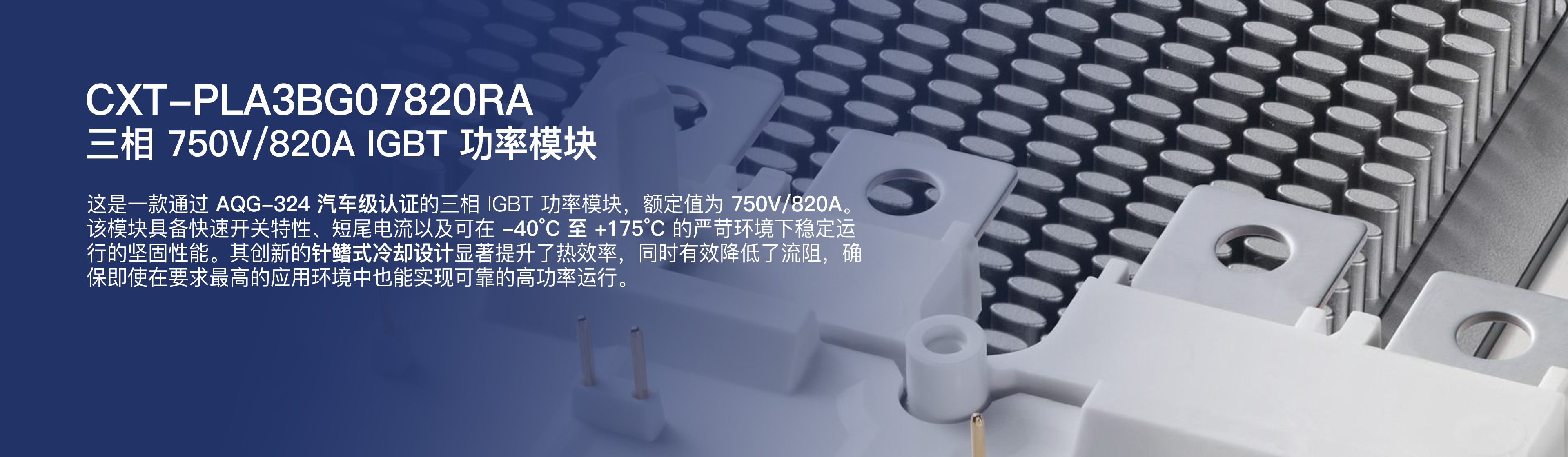     CXT-PLA3BG07820RA 汽车级IGBT功率模块
    750V / 820A 标杆级性能！
    -40°C ~ +175°C 宽温域稳定运行，搭配创新针鳍散热，成就巅峰效能与可靠性。